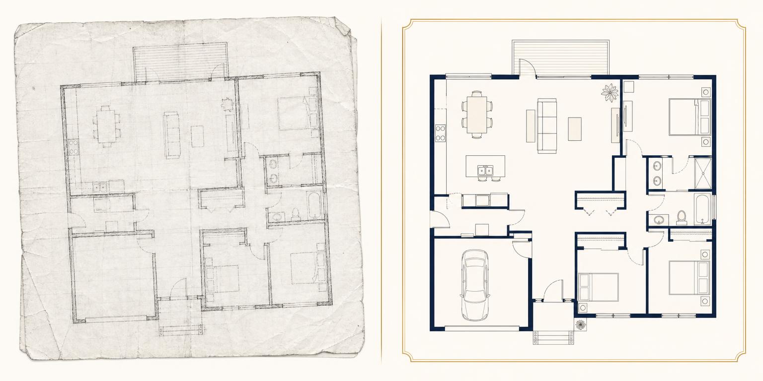 Vergleich: alter handgezeichneter Grundriss links, modern aufbereitete Grundrissdarstellung rechts
